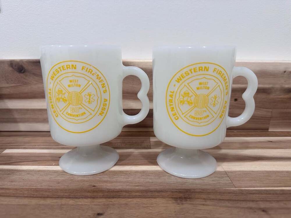 Vintage Central Western Firemen's Assn Footed Milk Glass Mugs Set